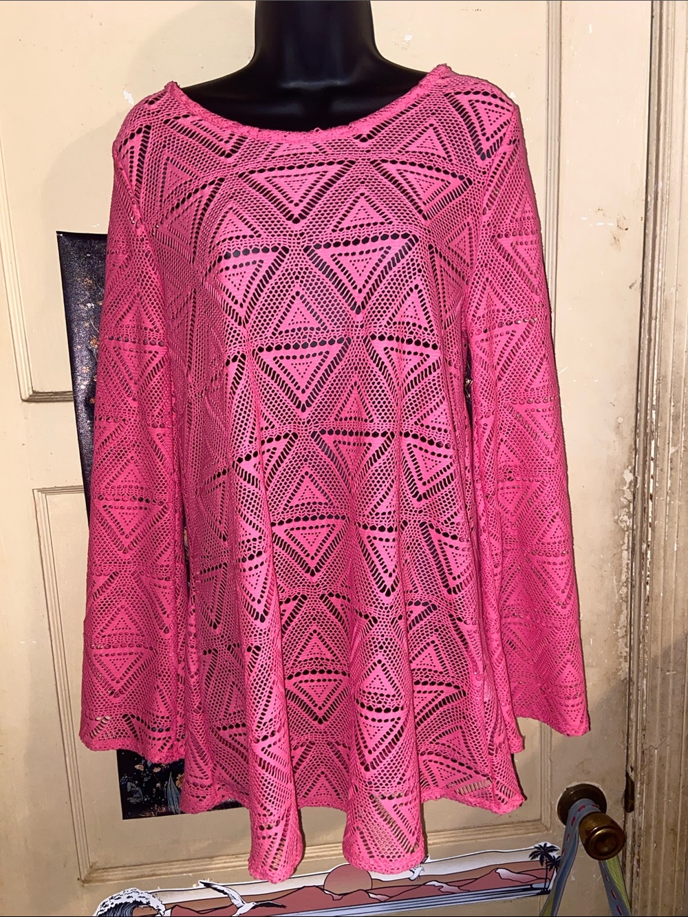 NEON CORAL KNIT SWIM COVERUP Open Back Bell Sleeves LAGACI